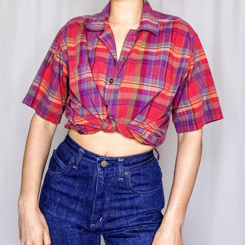Vintage loop collar rainbow plaid shirt